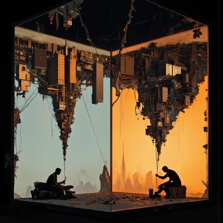 <lora:lora-DuoTone, Bleaked White_trained:1>mirrored on the left and right, while a lone person stands in the center, working with a line of string that connects the cities, as if controlling the fabric of reality itself."One-Line Prompt for Surreal Scene with Upside-Down Cities and a Person,"Inside a glowing box, two upside-down cities are