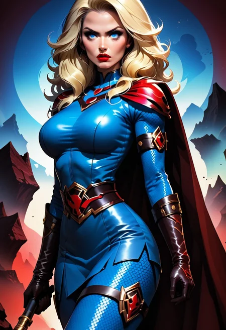 MILF, 32 years old, blonde hair, black leather vampire cape, sloppy wavy hair, sexy red boots, revealing outfit, red lips, mascara, eyelashes, hourglass figure, strong, big blue eyes, seductive, mature female, m1lfm3t3r, anezaki mamori, masterpiece, highest quality, realistic skin texture:1.5, high, tear shaped boobs, drow ranger, drow ranger \(dota2\), Masterpiece, 32k, photorealistic:1.4, score_9, score_8_up, score_7_up, huge boobs, small waist, wide hips, high cheekbones, oval face, slim waist, wide hips, thick thighs, full hips, DARK SIDE \(PICTURE BOOK\), NO FACE, colorful background, vivid colors, volumetric light, cinematic light, extremely detailed, bgbrda, top, bodysuit, helmet, armlet, bracelet, gloves, chainmail, skirt, boots, holding weapon, holding rod.