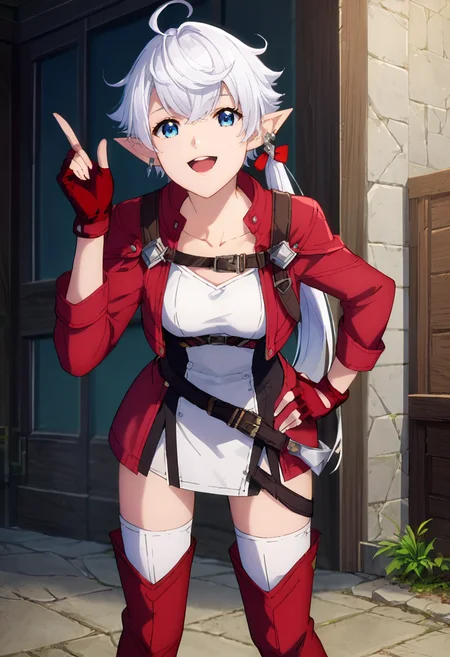 PonyXLV6_Scores ,source_anime, masterpiece,best quality, highly detailed,<lora:xl_more_art-full_v1:0.8>,cinematic,<lora:anime_screencap:1>fine anime screencap_xl, anime screencap
BREAK
<lora:alise:0.8>alise, 1girl, elezen, pointy ears, solo, elf, gloves, fingerless gloves, jacket, thigh boots, jewelry, blue eyes, open mouth, earrings, belt, thighhighs, hand on hip, red jacket, looking at viewer, smile, hair ribbon, boots, shoulder armor, ahoge, ribbon, armor, long hair, bangs, single earring, white shirt, white hair, earclip, shirt, collarbone, cropped jacket, open clothes, open jacket, red gloves, long sleeves, standing, white thighhighs, leaning forward, hand up