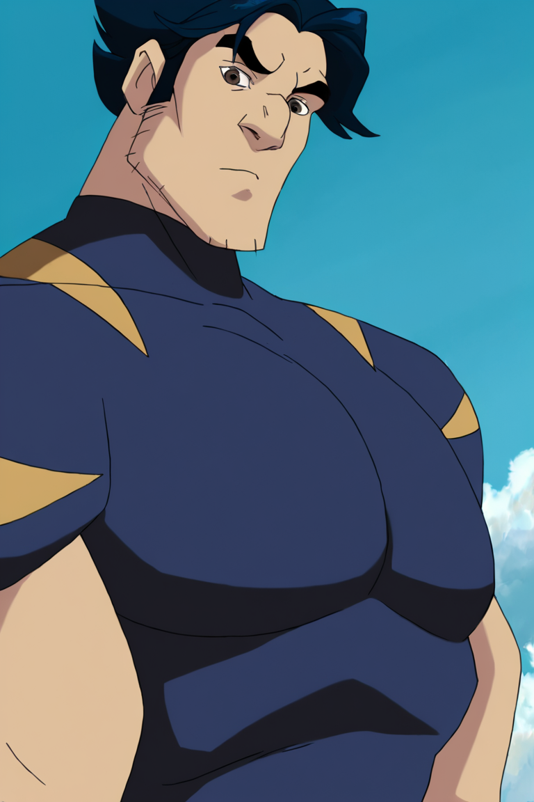 masterpiece, best quality, highres, newest, logan, xevosuit, 1boy, solo, male focus, mature male, short hair, dark blue hair, brown eyes, thick eyebrows, facial hair, stubble, sideburns, bodysuit, dark blue bodysuit, short sleeves, muscular, looking at viewer, standing, close-up, portrait, upper body, blue sky, cloud <lora:Wolverine (Logan) X-Men Evolution (Second Suit) v1.1 [LoRA] - NoobAI-XL EPS 1.0:0.8>
