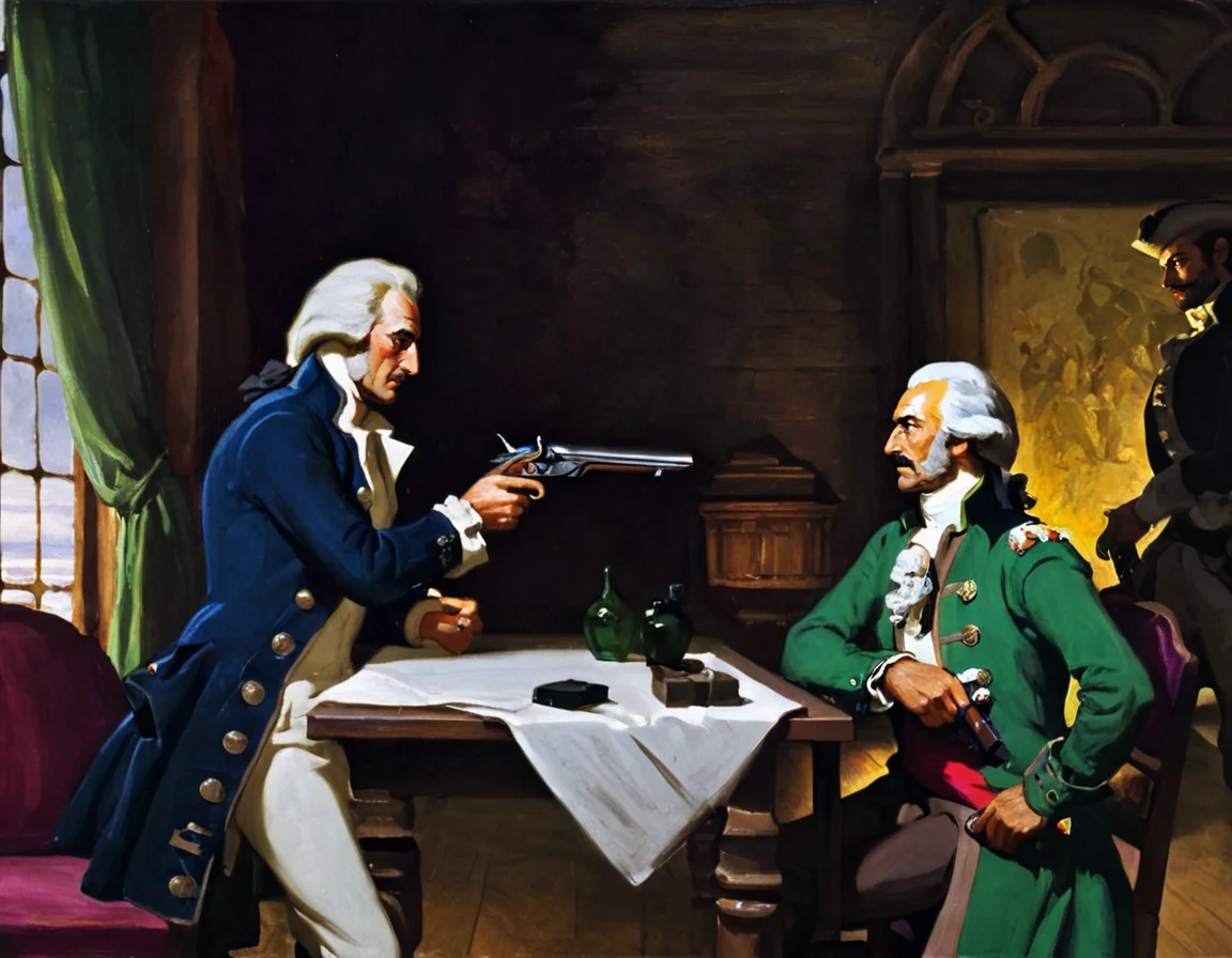 In a MSchaeffer oil painting, Shown in a profile view, Set in the 18th Century two men are shown sitting at opposite ends of a table indoors, one man points a ((flintlock pistol:2)) at the other. The scene is rendered with warm, contrasting colors and a focus on detail. The man with the gun is in a green coat with a frilly white shirt. He has a matching white wig. He is seated on the left side of the painting, aiming his black pistol towards the man on the right with a stern expression. The second man is dressed in a blue top with black and red accents. He appears to be in a state of distress, holding his face in his hand. He appears in the right of the shot. Between the two figures is a wooden table. A purple chair sits behind the table facing forward. A bottle is placed on the right side of the table just left of the seated man. A globe sits in the bottom right of the painting partially behind the table. Papers are scattered on the floor near the bottom of the painting. The setting seems to be inside what could be a ship's cabin, judging by the window visible in the background. The lighting is dim but focused on the figures, adding to the dramatic tension of the scene.<lora:MSchaeffer1-000005:1>