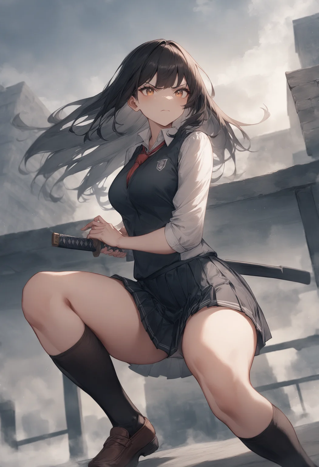 1girl, <lora:sdxl2-flat2-512b:-1>,medium breasts,school uniform,
<lora:iaidou_XL_v1:0.8>iaidow,weapon, katana, holding sword, ready to draw, sheathed, unsheathing, scabbard, fighting stance, battoujutsu stance,
from below, fisheye lens, looking to the side, angry, on pedestrian bridge, closed mouth,
masterpiece, best quality, very aesthetic, absurdres