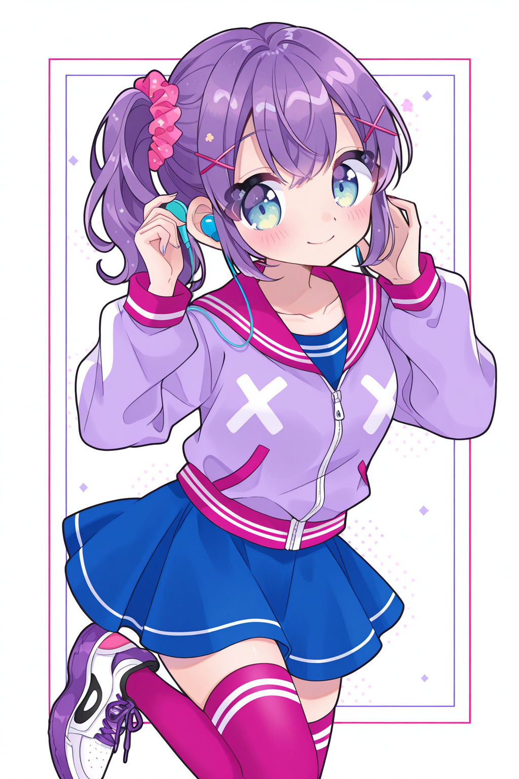 <lora:Tasuki6918:1>, Tasuki6918, 1girl, thighhighs, solo, hair ornament, smile, hairclip, skirt, shoes, looking at viewer, scrunchie, sneakers, purple thighhighs, standing on one leg, blush, hair scrunchie, x hair ornament, standing, leg up, collarbone, long sleeves, blue skirt, earphones, jacket, pink thighhighs