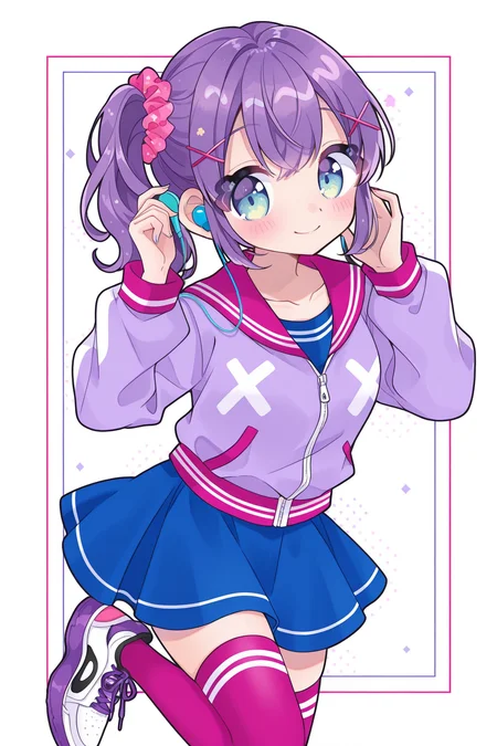<lora:Tasuki6918:1>, Tasuki6918, 1girl, thighhighs, solo, hair ornament, smile, hairclip, skirt, shoes, looking at viewer, scrunchie, sneakers, purple thighhighs, standing on one leg, blush, hair scrunchie, x hair ornament, standing, leg up, collarbone, long sleeves, blue skirt, earphones, jacket, pink thighhighs