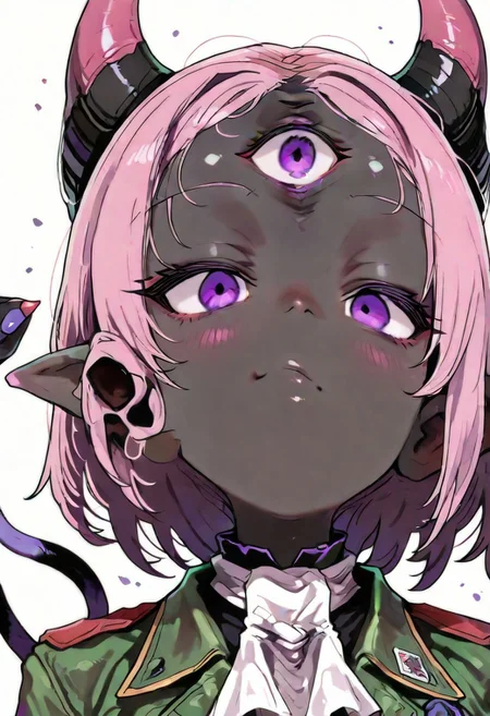 masterpiece, best quality, amazing quality, very aesthetic, absurdres, 1girl, te'kharoth, third eye, tail, horns, pink hair, purple eyes, military uniform, ascot, portrait,