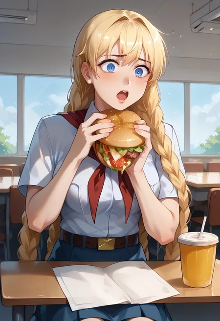 score_9, score_8_up, score_7_up, score_6_up, score_5_up, score_4_up, detailed eyes, detailed skin, source_anime, source_anime, masterpeice, best quality, very aesthetic, absurdres, BREAK
<lora:Expressive_H:1>,<lora:Everlasting_Summer_Slavya_by_GraffMetal:0.8>, slavya, blonde hair, very long hair, long hair, twin braids, blue eyes, 1girl, medium breasts, shiny skin, BREAK, white collared shirt, short sleeves, red neckerchief, neckerchief, belt, blue skirt, BREAK, inside, cafeteria, table, chair,
<lora:Everlasting_Summer_Vanilla_Backgrounds_by_GraffMetal:0.7>, <lora:Everlasting_Summer_Vanilla_Art_Style_by_GraffMetal:0.7>, BREAK, sitting, burger, eating burger, burger malfunction, shocked,