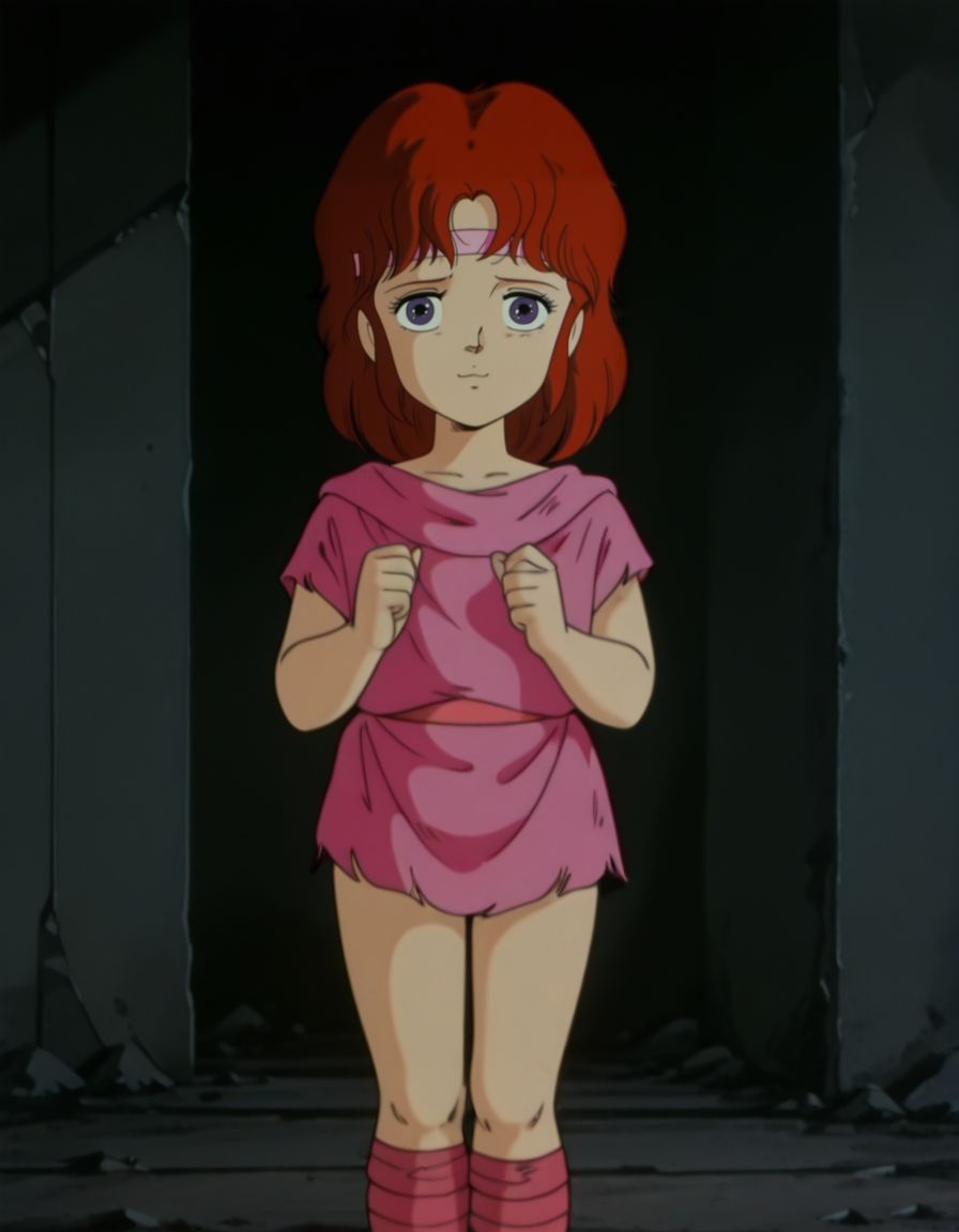 masterpiece, best quality, upper body, shy, light smile, standing, face close-up, solo, 
<lora:Lin:1>, L1n, red hair, headband, purple eyes, female child, retro artstyle, torn clothes, shirt, knee boots, retro artstyle, anime coloring,