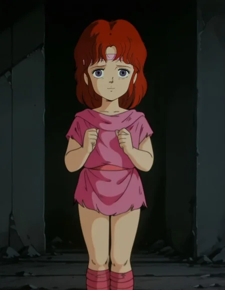 masterpiece, best quality, upper body, shy, light smile, standing, face close-up, solo,
<lora:Lin:1>, L1n, red hair, headband, purple eyes, female child, retro artstyle, torn clothes, shirt, knee boots, retro artstyle, anime coloring,