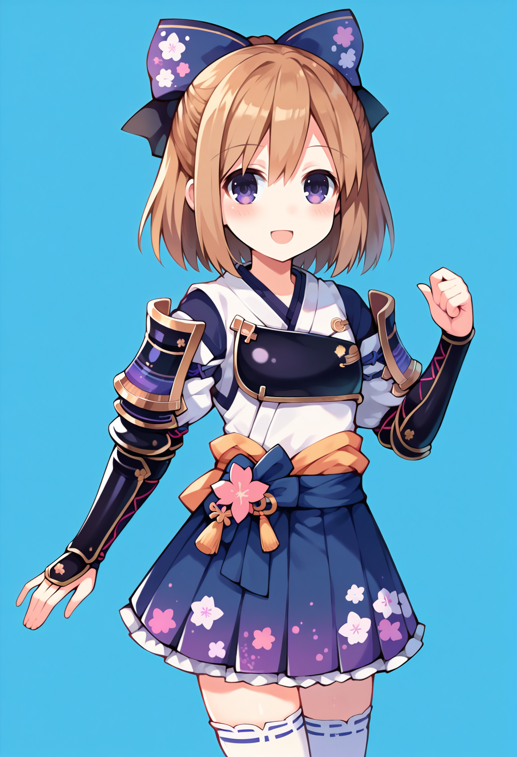 score_9, score_7_up, hd, (ultra hd quality details), source_anime, blue background,
solo, 1girl, defrombase, brown hair,
japanese clothes, armor, japanese armor, kote, hair bow, purple skirt, white thighhighs,
looking at viewer, smile, blush, open mouth, 
standing,
 <lora:_rom_neptunia-elesico-ponyv1:0.9>