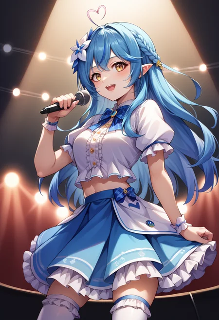 score_9, score_8_up, score_7_up, source_anime, 1girl, solo, YukihanaLamy, blue hair, long hair, heart ahoge, hair flower, idol, idol uniform, bowtie, skirt, brooch, dress, concert, on stage, frilled skirt, jewelry, layered dress, short sleeves, midriff, thighhighs, microphone, holding microphone, stage lights, <lora:ChamYukihanaLamyPony:1>