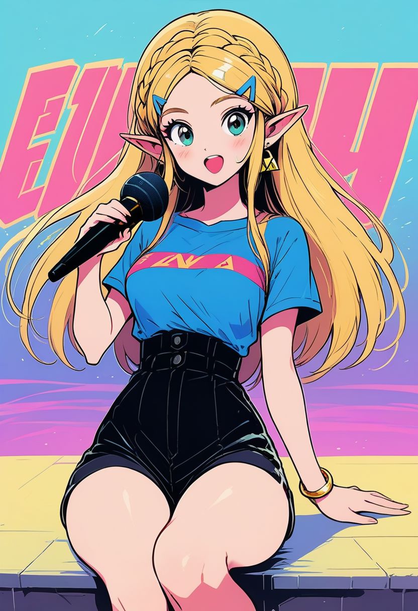 score_9, score_8_up, score_8, medium breasts, (curvy), cute, eyelashes,       
BREAK, 
princess zelda, long hair, crown braid, hairclip, pointy ears, blue shirt, 
looking at viewer, blush, open mouth,
, shirt, holding, jewelry, sitting, upper body, short sleeves, earrings, shorts, striped, bracelet, short shorts, bare legs, black shorts, sandals, microphone, shirt tucked in, holding microphone, high-waist shorts,
text, text in background,
zPDXL,