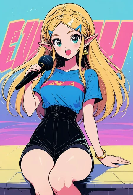 score_9, score_8_up, score_8, medium breasts, (curvy), cute, eyelashes,       
BREAK, 
princess zelda, long hair, crown braid, hairclip, pointy ears, blue shirt, 
looking at viewer, blush, open mouth,
, shirt, holding, jewelry, sitting, upper body, short sleeves, earrings, shorts, striped, bracelet, short shorts, bare legs, black shorts, sandals, microphone, shirt tucked in, holding microphone, high-waist shorts,
text, text in background,
zPDXL,