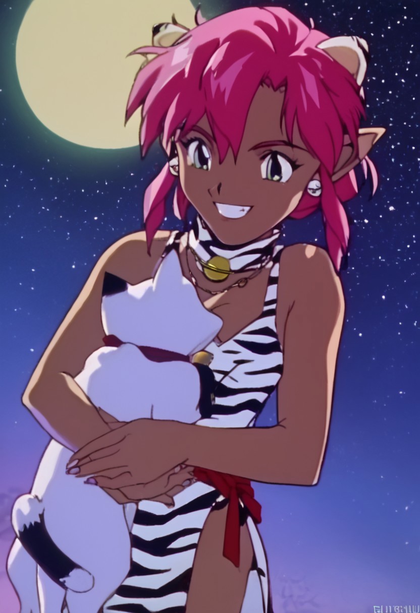 score_9, score_8_up, score_7_up, score_6_up, 1990s_(Style), 90s, Anime_Coloring, masterpiece, source_anime screenshot, duo, 1 girl, 1 boy, vivid colors, anime style, cartoon anime, source_anime, high-res, beautiful aesthetic, very intricate, high-quality details, vibrant, highly detailed, award-winning, professional, sleek and shiny, <lora:pink-ponyxl-v2:1>, single fang showing, sleeveless dress, white tiger print dress, pelvic curtain, cleavage, white cat ears, cat bell necklace, bright pink hair, tanned, white tiger tail, red sash, small breasts, leather shoes, detailed eyes, green eyes, detailed face, smile,  BREAK score_9, score_8_up, score_7_up, score_6_up, Masterpiece, source_anime, anime style, 1 girl, 1 boy, vivid colors, high-res, beautiful aesthetic, very intricate, high-quality details, vibrant, highly detailed, award-winning, professional, <lora:link:1> link1, link, pointy ears, blonde hair, blue eyes, medium hair, side locks, earrings, short ponytail, blue hylian tunic, grin
Break
In front of a giant full moon, stars in the sky, pink and link standing for photo, hugging, night time, front view, cowboy shot, whimsical, happy