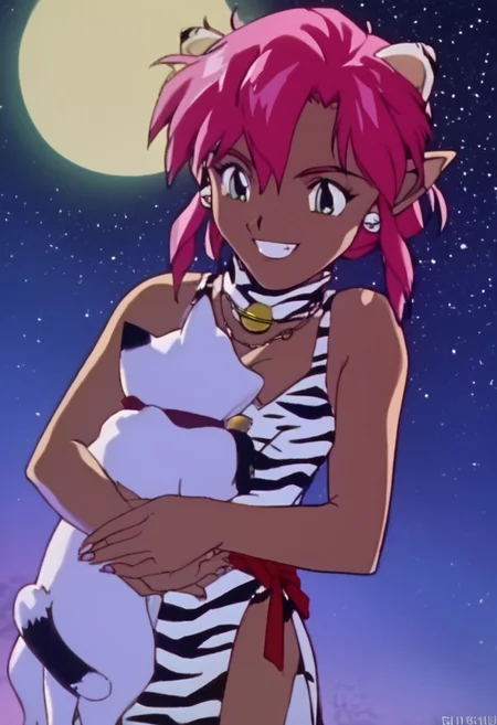 score_9, score_8_up, score_7_up, score_6_up, 1990s_(Style), 90s, Anime_Coloring, masterpiece, source_anime screenshot, duo, 1 girl, 1 boy, vivid colors, anime style, cartoon anime, source_anime, high-res, beautiful aesthetic, very intricate, high-quality details, vibrant, highly detailed, award-winning, professional, sleek and shiny, <lora:pink-ponyxl-v2:1>, single fang showing, sleeveless dress, white tiger print dress, pelvic curtain, cleavage, white cat ears, cat bell necklace, bright pink hair, tanned, white tiger tail, red sash, small breasts, leather shoes, detailed eyes, green eyes, detailed face, smile, BREAK score_9, score_8_up, score_7_up, score_6_up, Masterpiece, source_anime, anime style, 1 girl, 1 boy, vivid colors, high-res, beautiful aesthetic, very intricate, high-quality details, vibrant, highly detailed, award-winning, professional, <lora:link:1> link1, link, pointy ears, blonde hair, blue eyes, medium hair, side locks, earrings, short ponytail, blue hylian tunic, grin
Break
In front of a giant full moon, stars in the sky, pink and link standing for photo, hugging, night time, front view, cowboy shot, whimsical, happy