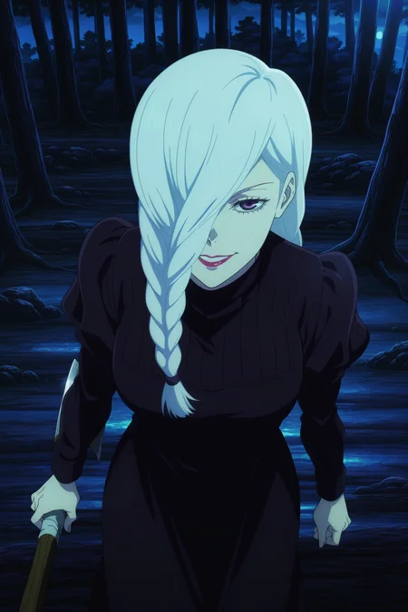 anime screencap, anime coloring, detailed face, masterpiece, best quality, very aesthetic, absurdres,, volumetric lighting, official style, amazing quality, ultra detailed,  highres, amazing quality, scenery, beautiful detailed hair, beautiful detailed eyes, (defined fingers, five fingers),
 <lora:Mei_Mei_and_Ui_Ui_Jujutsu_Kaisen:1>
outdoors, night, forest, nature, tree,
Mei Mei standard appearance, Mei Mei (character), 1girl, solo, long hair, white hair, outdoors, dark purple eyes, standing, long sleeves, braid, axe, high angle, sadistic grin, looking at the viewer, hair over one eye, lipstick, braided hair,