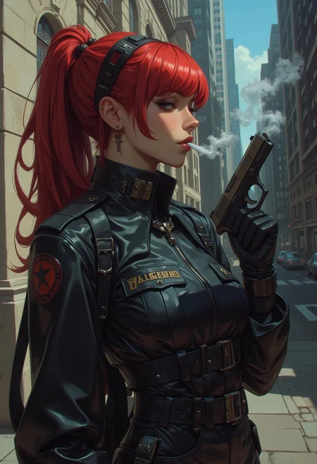 An Acrylic style painting that is expressive, gives it a dynamic and emotional quality. Anime art of a stylized portrait of a female cop in a leather suit. The suit creates a dramatic and surreal effect. She is holding a gun up to her lips. Side view, cowboy shot. The woman has a fiery aesthetic, complimented by her red hair. Anime art of woman draped in shadows with a lighting that enhances her unique features.
cyber city setting, with buildings in the background.
The gun has smoke coming out of the barrel, she is smoking using the smoke from the gun.
