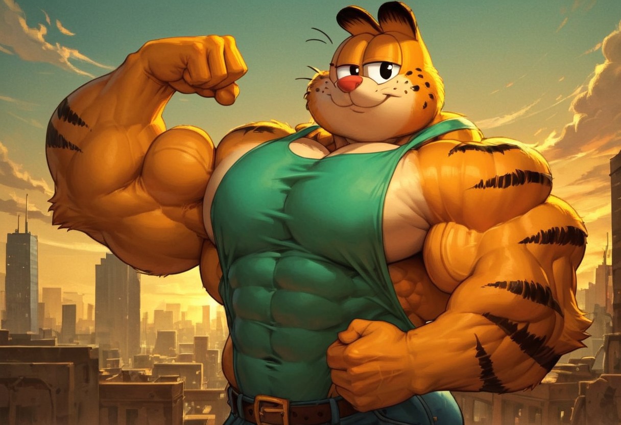 score_7, score_8, score_9, dynamic lighting, detailed background, detailed face, detailed character, background is city, city skyline, rooftop, clouds, 
BREAK
single character, ((Solo)), anthro, furry male, (Garfield), orange fur, black stripes, pink animal nose, black eyes, black ear tips, black whiskers, narrow waist, wide hips, massive pecs, toned body, fit body, extremely muscular, big muscles, (huge muscles), big biceps, huge biceps, hyper muscles, extreme muscles, hyper biceps, extreme biceps, abs
BREAK 
standing, looking at viewer, flexing arms, flexing biceps, ((jeans)), exposed upper body