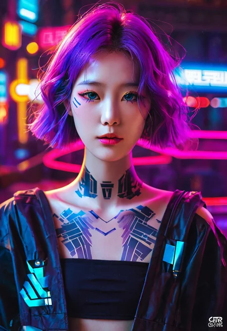 score_9,score_8_up,score_7_up, A striking portrait of a slender woman with cybernetic arms and vibrant violet hair styled into loose waves. Her high cheekbones and slim neck are accented by glowing tattoos that trace delicate patterns along her collarbone. She wears a minimalist cyberpunk headset, with a thin strip of neon light arching over her temples. The background is an abstract blur of city lights in pinks, blues, and golds, their glow softly reflecting off her metallic features. Her serene expression and glowing cybernetic enhancements create an ethereal, futuristic beauty, krgrl, korean girl, cute korean girl, korean makeup, korean eyes