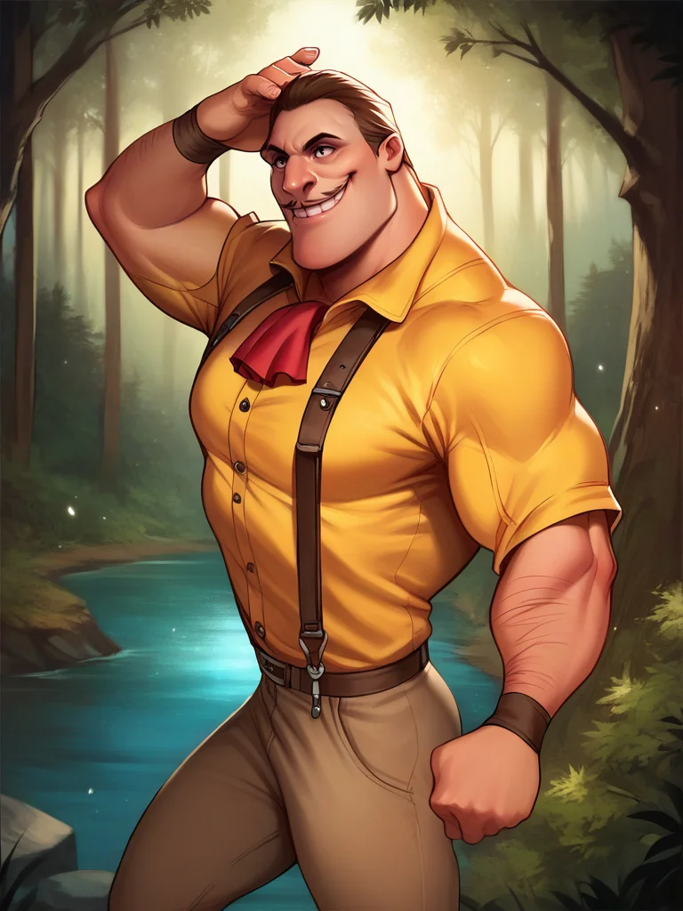score_9, score_8_up, score_7_up, score_6_up, 1boy, double biceps pose, cowboy shot, (dynamic pose:1.1), dynamic angle, detailed background, forest, from above, solo, from side,
<lora:Clayton_character:1>, ClaytonXLP, arm hair, short hair, black eyes, brown hair, yellow shirt, pants, suspenders, grin, wristband, red ascot, mustache, muscular male, cartoon, <lora:CrystalFae_Style:0.6>
