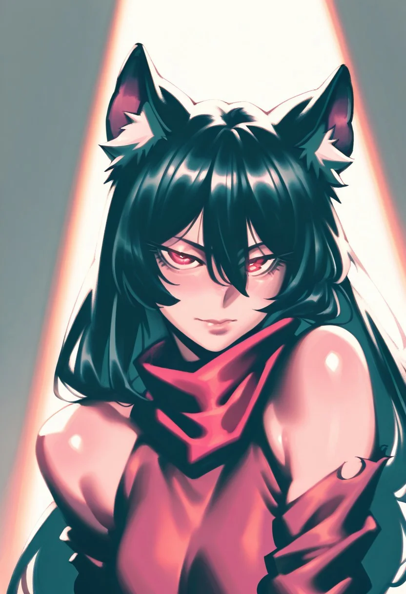ADNDLE_ST, adndle_st, masterpiece, best quality, very aesthetic, high resolution, ultra-detailed, absurdres, newest, extremely detailed eyes, beautiful, perfect lighting, hi res, amazing quality, very awa, Brightly Lit, Highly Visible, 8k, sharp focus, beautiful, perfect lighting, volumetric lighting, scenery, painting_(artwork), adndle_st, type_2, animal ears, red eyes, long hair, simple background, black hair, looking at viewer, scarf, cat ears, closed mouth, hair between eyes, female focus, upper body, 1girl, animal ear fluff, bare shoulders, torn clothes
