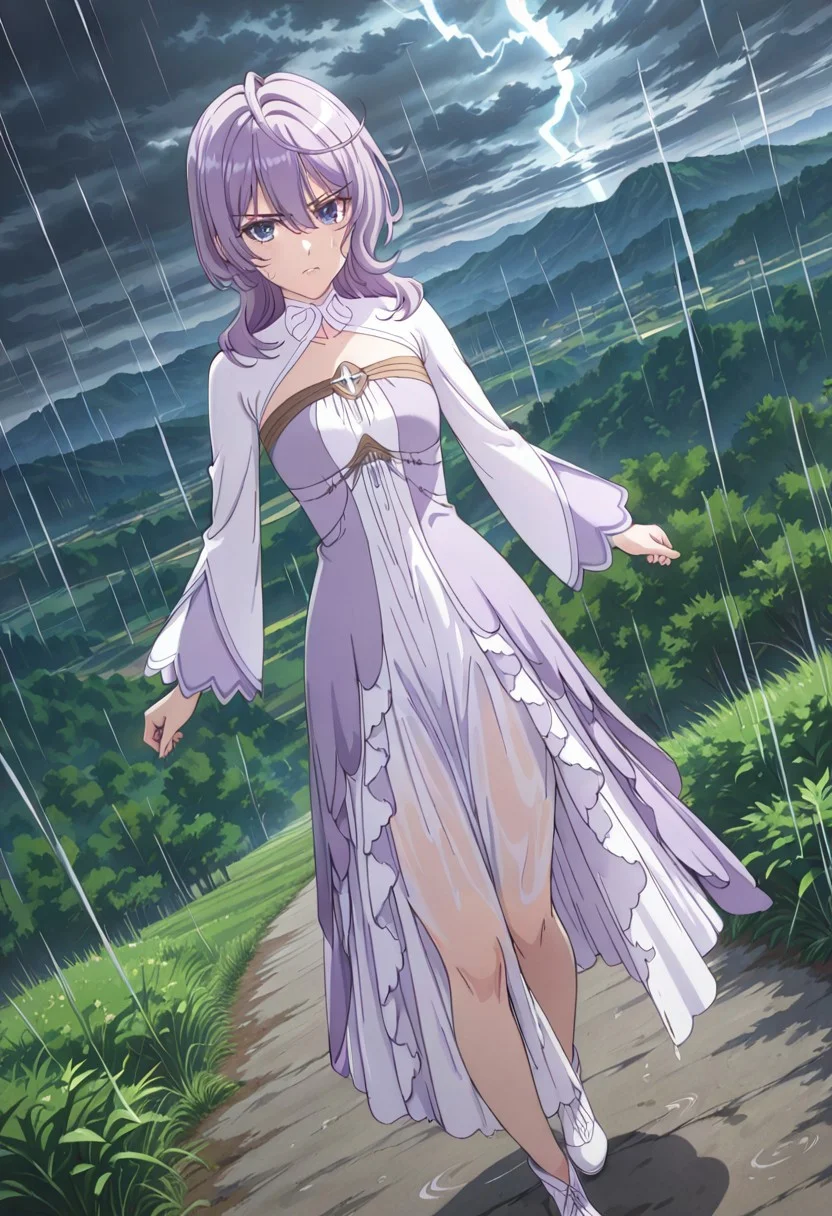 score_9, score_8_up, score_7_up, dynamic view, eye_focus, solo, looking_at_viewer, 1girl,
masterpiece, best quality, bokeh, luminescent background,
( philiaa denauer, purple hair, ahoge, long hair, blunt bangs, hair over shoulder, hair betveen eyes, purple eyes, small breasts, closed mouth, serious face, dress, two-tone dress, purple dress, white dress, sidelocks, long sleeves, white shoes,
),
outdoors, storm, (rain:1.2), cloudy sky, dark clouds, lightning, wind, spread arms, outstretched arms, full body, dutch angle, cleavage, , scenery, mountainous horizon, wet clothes, wet, wet hair, looking at viewer, wet dress, see-through dress, v-shaped eyebrows, closed mouth
