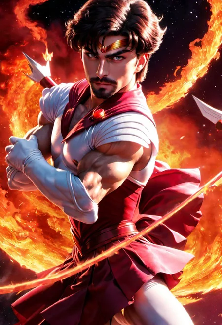 1male, male focus, riot style, digital art, concept art, semi realistic, fantasy, 4k, best quality, masterpiece, extremely detailed, very detailed face, very detailed eyes, dynamic angle, close up, dynamic pose, rising hand, movie poster of a male bodybuilder, MAN, MALE, muscular male, handsome, young man, brunette, medium hair, straight hair, pointed eyebrows, full beard, huge plumped lips, big lips, vieogame eyes, blush, big pectorals, strong, happy, smirking, wearing a sailor mars dress, sailor senshi uniform, shooting an arrow, fighting in space, surrounded by fire, (cinematic light, volumetric)