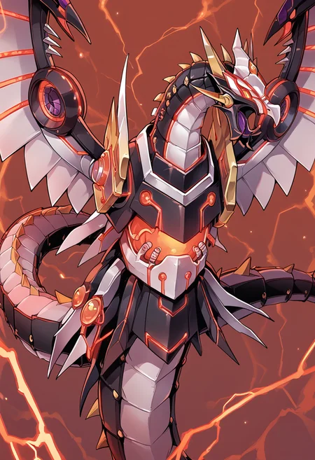 (score_9:0.9),score_8_up,score_7_up,rating_safe,(zPDXL3),
<lora:Cyber Dragon Infinity ponyXL v1.12:0.8>,
cyber dragon infinity,solo,electricity,spikes,mecha dragon,red theme,spread wings,red lightning,