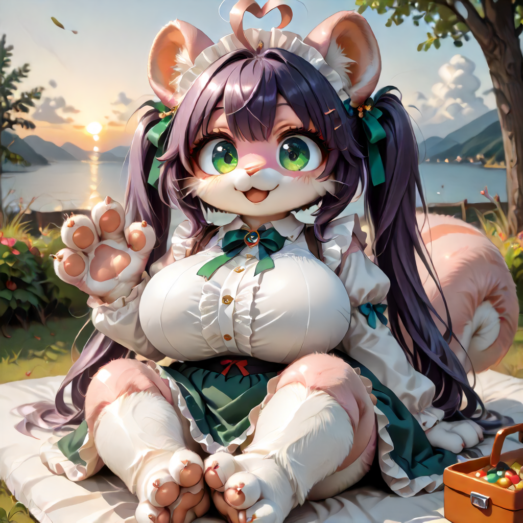 1girl,solo,light pink squirrel anthro,light pink skin,light pink fur,light pink squirrel furry girl,squirrel fursuit,squirrel snout,:3,gigantic breasts,brown maid blouse,fluorescent green skirt,mint chocolate-colored frilled skirt,puffed sleeves,long sleeves,maid dress style,
light pink huge feral ears,white ear furnishings,light pink huge squirrel tail,(((barefoot,feet front,focus on soles of feet,puffed pawpads,cat paws,puffed paws,paw front,fluffy paws,puffed paw,inflated paw, puffed pawpad,stuffed paw,pink claw,pink cat claw,)))
lazypos,score_9, score_8_up, score_8, score_7,score_7_up,amazing quality,very aesthetic,masterpiece, ultra detailed,ridiculous,best quality, absurdres, newest,highres,sensitive,absurdres, highres,japanese anime style,anime coloring,animation cel,orange natural lighting,Improve chroma,
dynamic shot,bottom view,focus on sole of feet,solo focus,zoom in,close-up,plump,shortstacks,shortstack,cute,kawaii,sideway sitting,feet together,legs together,animal tone beans on sole of feet, metacarpal pawpad, 4toes, detailed paws,looking side, outdoors,sunset,lake background,flirtatious smile,lunch box beside,picnic,
emerald green eyes,clear eyes,round eye,
vrey long hair,heart-shaped ahoge,purple hair, black hair,two-tones hair,multicolored hair, very long twintails,round furry face,
violent shaking,expressiveh,heavy breath,unable to move, motion lines,FMW1,balloonz
<lora:InflationXL_063-NoReg-epoch-08:0.4><lora:fursuit-bing-xl:1> <lora:FMW1:1> <lora:transformation_all_pony-adafactor-8x4-4x1-cs1:1.2>  <lora:Furryfication Slider_alpha1.0_rank4_noxattn_last:0.8><lora:InflatablePony_dd_v1.0_PDXL:0.2> <lora:living_plushies2:0.2><lora:SyMix_Pony_v05a02:0.25> <lora:inflatables3:0.25> <lora:balloonz:0.4> <lora:Smooth_Booster_v2:0.2>