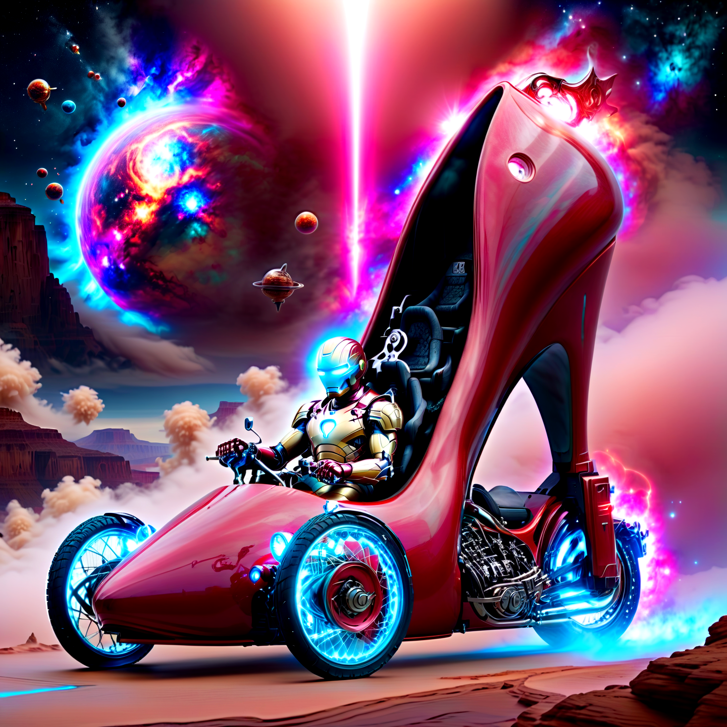 Majestic galactic style ironman driving a (biomechanical:1.15) (hhc:1.15), sit inside, high heel,masterpice, 8k, fog, handle bar, grand canyon, deseret,,. Vast colorful nebulae, stars and planets, sci-fi space themes, mystery