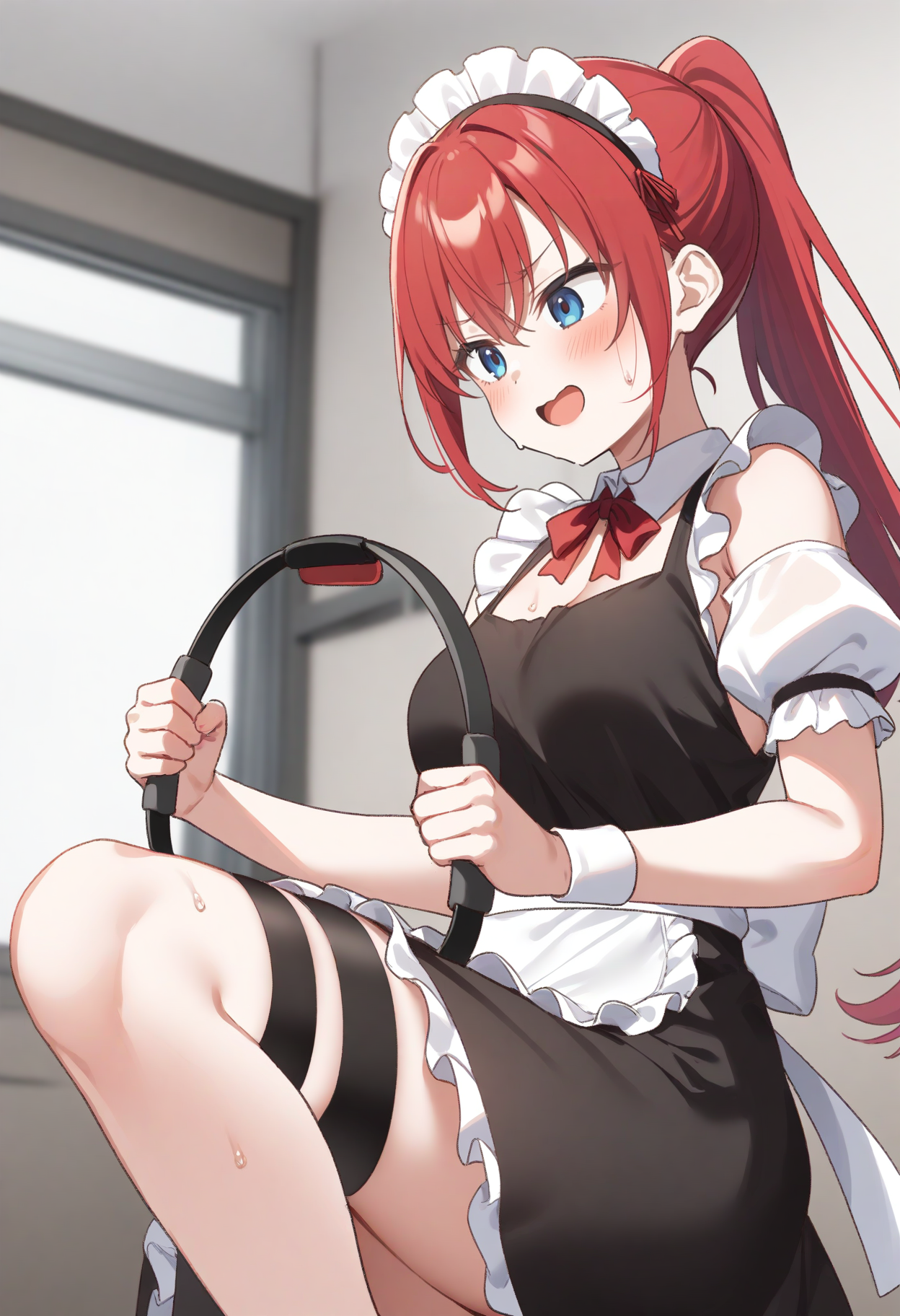 1girl,sincos, ningen mame, toosaka asagi,solo,medium breasts,20yo,maid,maid headdress,
ring fit adventure, knee lift, ring-con, sweat, standing on one leg, running,holding,
<lora:ringfitadventure_XL_v1:0.8>
from side, upper body, looking away, orange hair, black eyes,smug, open mouth, high ponytail hair,,
best quality, very aesthetic, absurdres
