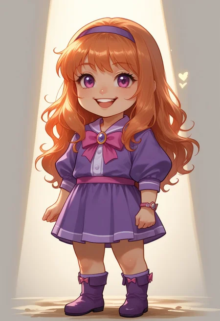 score_9, score_8_up, score_7_up, source_anime, solo, adorable chibi Daphne Blake, happy, Daphne's clothes, (chibi body:1.4), (indirect lighting, dynamic lighting:1.4), simple background, chibi art style, (detailed image, high resolution, 5k resolution:1.0), (realistic style, chibi art style, las lindas Art Style:1.2)