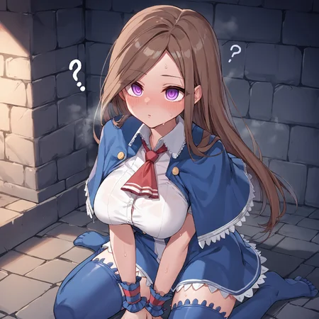 (score_9, score_8_up, score_7_up,) charlotte_aulin, long hair, brown hair, purple eyes, blue capelet, white shirt, collared shirt, red ascot, wrist cuffs, blue skirt, blue thighhighs, empty eyes, dungeon, ?, sweat, steam, mist, glowing_eyes