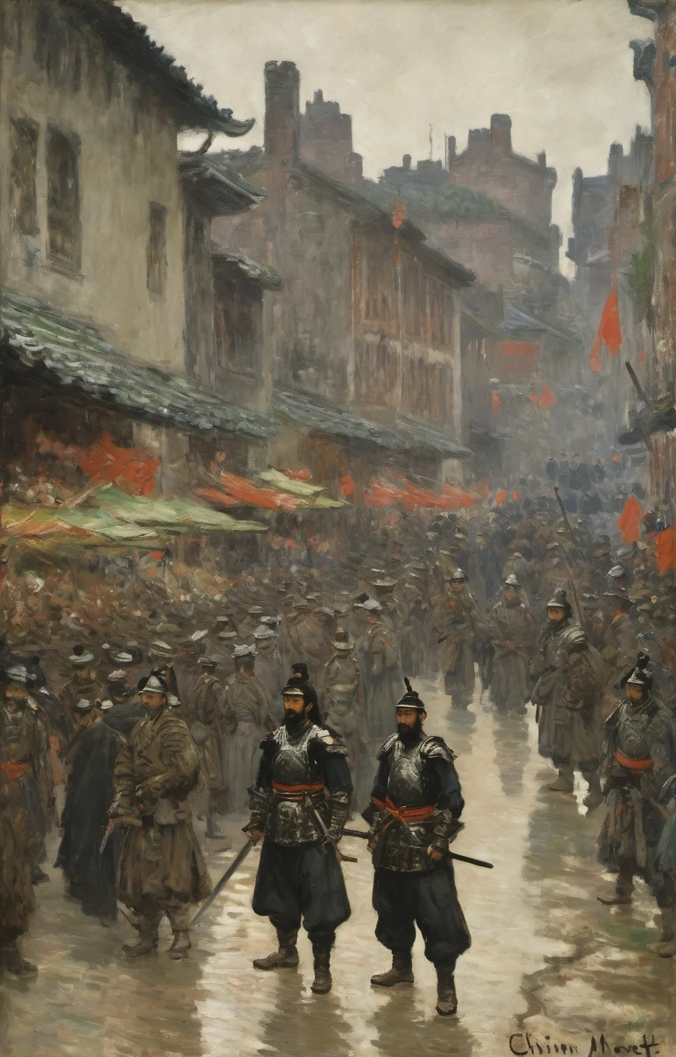 oil painting, dark theme, (urban background:1.2), wide lens shoot, crowed people,
(impressionism by monet:1.2), oil painting, chinesee person with facial hair wearing armor, holding sword, solo, sheath, black hair, full body, standing, sheathed, japanese armor, shoulder armor, mustache, boots, (samurai:1.1), topknot, pants,
looking at viewer,
<lora:Monet_V4-000008:1>