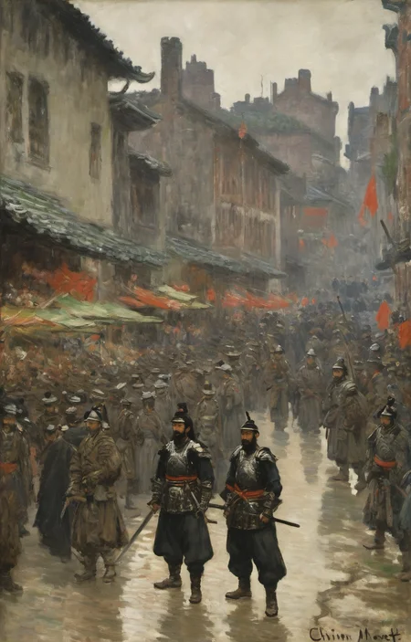 oil painting, dark theme, (urban background:1.2), wide lens shoot, crowed people,
(impressionism by monet:1.2), oil painting, chinesee person with facial hair wearing armor, holding sword, solo, sheath, black hair, full body, standing, sheathed, japanese armor, shoulder armor, mustache, boots, (samurai:1.1), topknot, pants,
looking at viewer,
<lora:Monet_V4-000008:1>