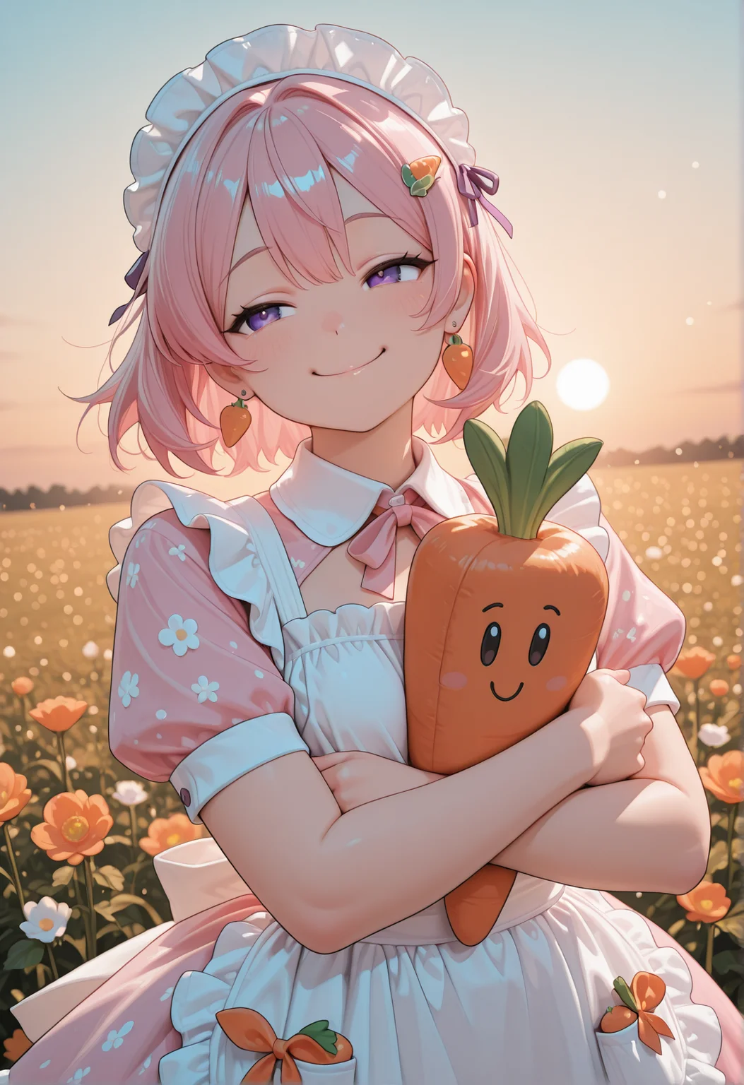 <lora:CivChan:1> Civchan, CivChan, digital art, pink hair, purple eyes, wearing a whimsical carrot-themed dress with orange and green accents, leafy ruffles, and a cute apron with tiny carrot patterns, holding a soft, adorable carrot plushie with a happy face, cheerful expression, spring picnic setting with blooming flowers and a sunny sky, warm soft lighting, vibrant colors, highly detailed, adorable and playful atmosphere, full-body view, cute accessories like carrot-shaped earrings and a leafy hairpin, high-resolution, charming and wholesome style