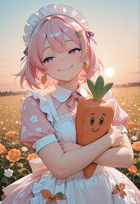 <lora:CivChan:1> Civchan, CivChan, digital art, pink hair, purple eyes, wearing a whimsical carrot-themed dress with orange and green accents, leafy ruffles, and a cute apron with tiny carrot patterns, holding a soft, adorable carrot plushie with a happy face, cheerful expression, spring picnic setting with blooming flowers and a sunny sky, warm soft lighting, vibrant colors, highly detailed, adorable and playful atmosphere, full-body view, cute accessories like carrot-shaped earrings and a leafy hairpin, high-resolution, charming and wholesome style