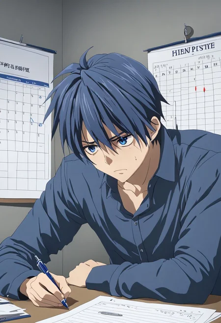 Anime Style, easynegative, detailed_eye_model, Highres, Masterpiece, High Quality, 4K, 8K, solo, 1boy, Tomoya Okazaki, Deep Blue Eyes, Grey Blue Hair, student, shirt, tense, anxious, cold sweat, thesis document, pen, presentation, clock, calendar, anxious, depressed