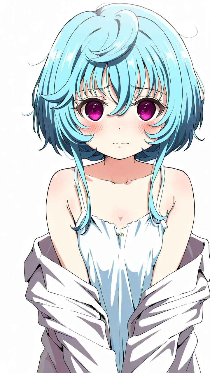 white_background,simple background,1girl,solo,full_shot,looking_at_viewer,<lora:Maryberry_Illustrious_v8:1>,Maryberry,blush,anime screenshot,sincos,looking_up,labcoat,camisole,oversized_clothes,shy,covering,white camisole,, masterpiece, best quality