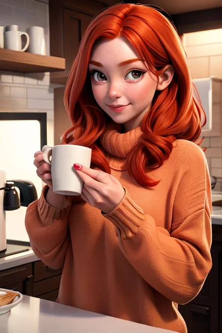real photo, a very beautiful red-haired girl in a warm sweater drinks coffee