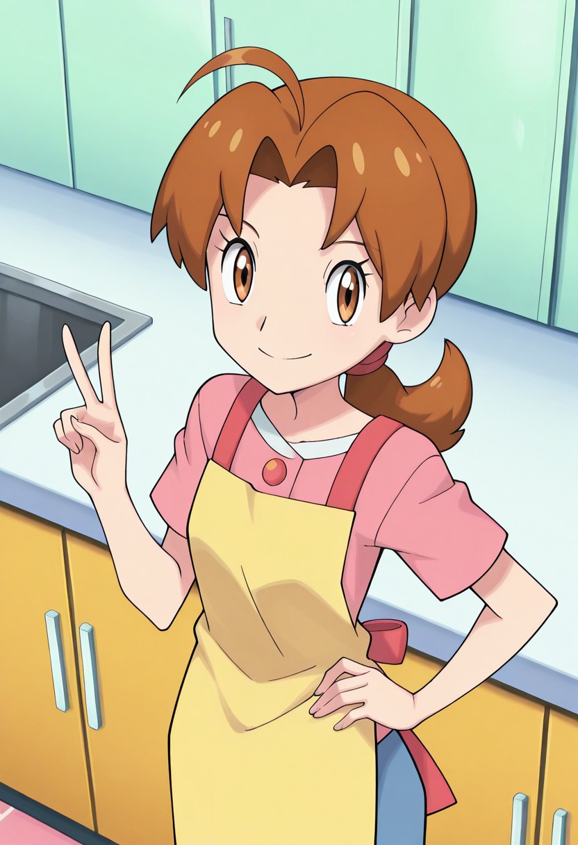 PokeStyleMix, Masterpiece, high quality, source_anime, anime screenshot, anime screencap, deliaketchum, brown hair, brown eyes, parted bangs, ahoge, ponytail, low ponytail, from above, hand on hip, peace sign, dynamic angle, looking at viewer, smile, kitchen, apron, closed mouth , short sleeves, indoors ,