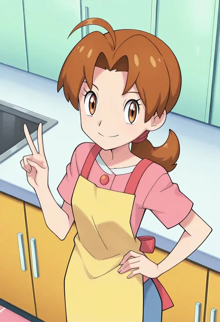 PokeStyleMix, Masterpiece, high quality, source_anime, anime screenshot, anime screencap, deliaketchum, brown hair, brown eyes, parted bangs, ahoge, ponytail, low ponytail, from above, hand on hip, peace sign, dynamic angle, looking at viewer, smile, kitchen, apron, closed mouth , short sleeves, indoors ,