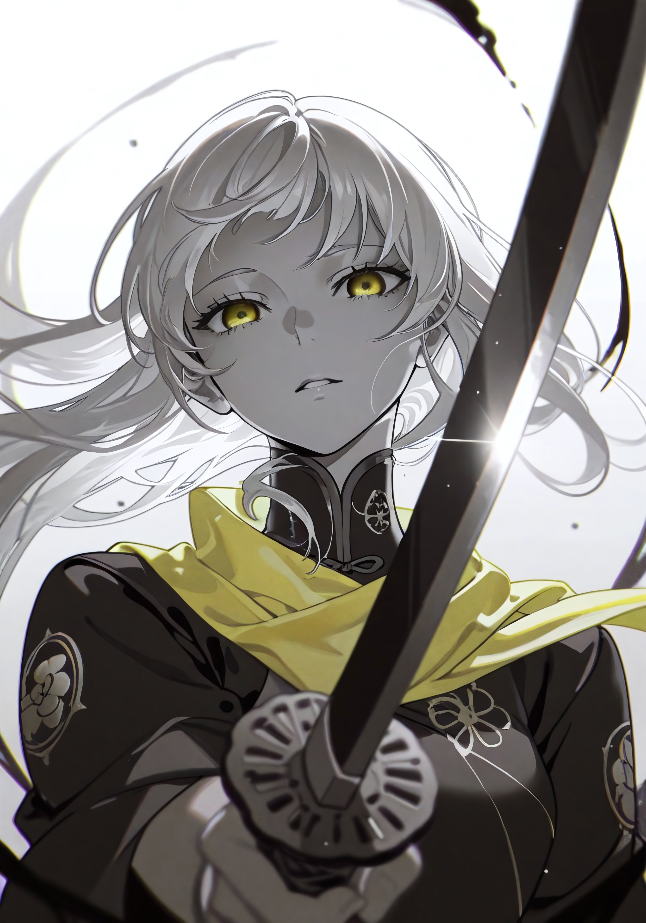 <lora:ck-yoneyama-mai-IL-000014:1>, masterpiece, best quality, good quality, very aesthetic, absurdres, newest, 8K, depth of field, focused subject, 
Monochrome with beige, white, bleaked yellow-turqoise color, 1girl Samurai, flowing hair, high collar scarf billowing in storm, shaded eyes, Face Closeup,highly detailed, cinematic Low Angle View, Motion lines And floating particles, darkness within, emitting from His suit are translucent vibrant tendrils that are used AS weapon, deep blacks, high contrast
ckym, in the style of ckym,