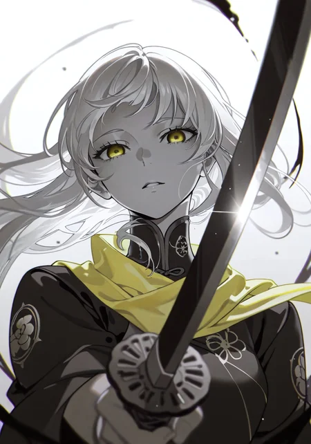 <lora:ck-yoneyama-mai-IL-000014:1>, masterpiece, best quality, good quality, very aesthetic, absurdres, newest, 8K, depth of field, focused subject,
Monochrome with beige, white, bleaked yellow-turqoise color, 1girl Samurai, flowing hair, high collar scarf billowing in storm, shaded eyes, Face Closeup,highly detailed, cinematic Low Angle View, Motion lines And floating particles, darkness within, emitting from His suit are translucent vibrant tendrils that are used AS weapon, deep blacks, high contrast
ckym, in the style of ckym,
