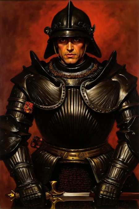 jem1 painting.
The image is a dramatic, highly detailed painting in an expressive, dynamic style, depicting a fierce battle scene. The central figure is a warrior, clad in elaborate, ornate armor with a dark, almost black hue, adorned with intricate patterns and gold accents. The armor includes a helmet with a face guard that obscures the warrior's features, but his eyes are visible, gleaming with an intense, almost manic expression. <lora:jem1_cap_d6a3:1.0><lora:822877551937469597:0>