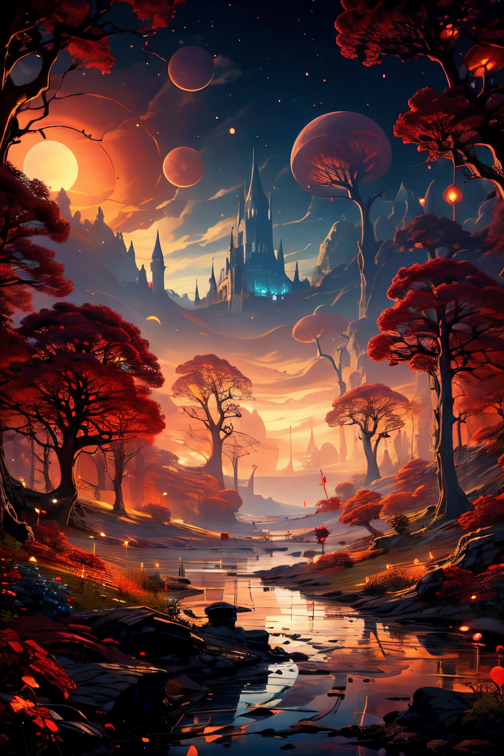 (Realistic:1.5), A glittering, mystical palace surrounded by a vast, shimmering lake., monster, red theme, standing, edobhorrorlandscape, red eyes, fireflies, solo, cloudy sky, blood, dark, no humans, red moon, night, tree stump, night, signature, garden, watermark, sunbeam, sunbeam, <lora:EdobHorrorLandscape_v1.0:0.6>  <lora:EdobFairyTaleLandscape_v1.0:0.6>
