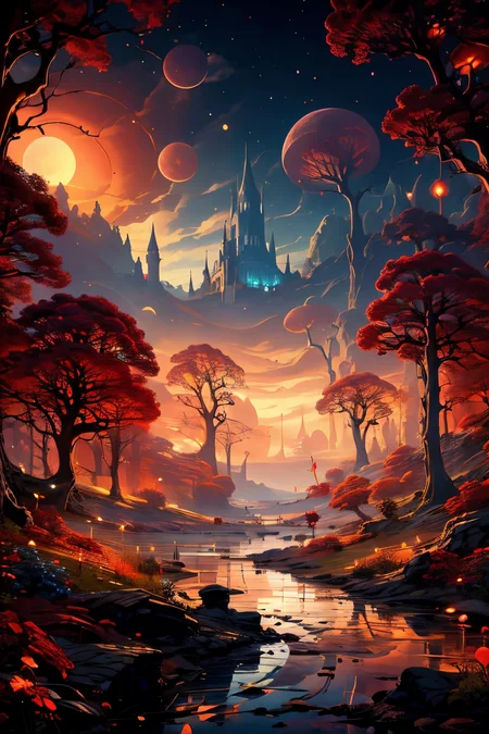 (Realistic:1.5), A glittering, mystical palace surrounded by a vast, shimmering lake., monster, red theme, standing, edobhorrorlandscape, red eyes, fireflies, solo, cloudy sky, blood, dark, no humans, red moon, night, tree stump, night, signature, garden, watermark, sunbeam, sunbeam, <lora:EdobHorrorLandscape_v1.0:0.6>  <lora:EdobFairyTaleLandscape_v1.0:0.6>