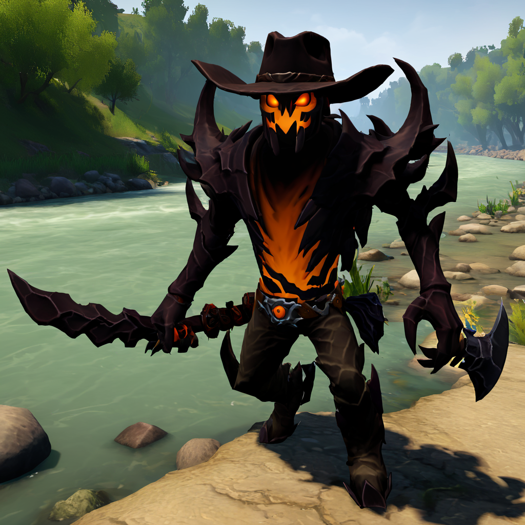 <lora:Shadow Fiend SDXL:1> ShadowFiend, near a river, wearing cowboy hat