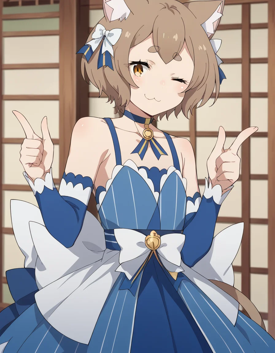 score_9, score_8_up, score_7_up, source_anime, <lora:felix-argyle-s3-p1-ponyxl-lora-nochekaiser:1>, felix argyle, short hair, bangs, brown hair, bow, animal ears, hair bow, male focus, cat ears, eyelashes, bob cut, thick eyebrows, white bow, otoko no ko,, dress, bare shoulders, collarbone, jacket, tail, pantyhose, detached sleeves, choker, striped, blue dress, vertical stripes, crossdressing, frills, skirt,, pagoda, tall, tiered, Asian, sacred, smile, <lora:double-finger-gun-ponyxl-lora-nochekaiser:1>, double finger gun,, blush, smile, one eye closed, from side, looking at viewer, solo,, dutch angle, cowboy shot