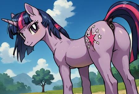 score_9, score_8_up, score_7_up, score_6_up, score_5_up, score_4_up, source_anime, anime screencap, anime coloring, retro artstyle, BREAK, tall skinny slender slim equine Twilight Sparkle, unicorn, female, mare, pony, solo, horse butt, perfect butt, bubble butt, 8U881E, toned body, toned forelegs, outdoors, back roads, dutch angle, looking at viewer, perspective, <lora:EarlyAkira_v4:0.4> <lora:Pony_MLP_v1.5:1> <lora:8U881E:0.6> <lora:pony_001:1> <lora:1990s_hentai-V1:0.4>