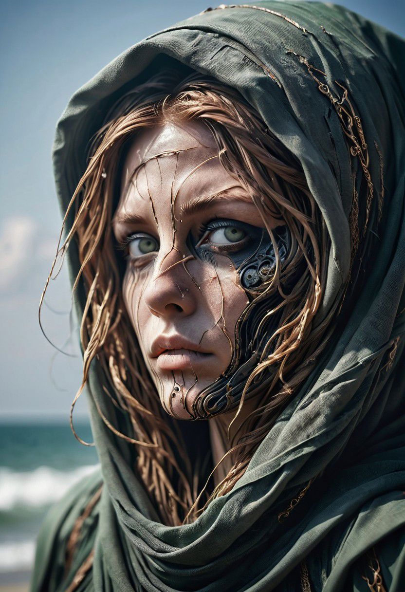 Super Closeup Portrait, Create a DARK dystopian description capturing the essence of a freckled cyborg woman in a close-up photograph, featuring real human DARK green-gray eyes with an intense gaze. The subject has long flowing hair, draped in a ghostly black linen cloak billowing in the wind. The face is a striking fusion of half-cyborg with intricately crafted gold elements and half-human skin, creating a mesmerizing and enigmatic presence. standing at the ocean in bright sunlight, ethereal, sunray, 
very detailed, atmospheric haze, Film grain, cinematic film still, shallow depth of field, highly detailed, high budget, cinemascope, moody, epic, OverallDetail, gorgeous, 2000s vintage RAW photo, photorealistic, candid camera, color graded cinematic, eye catchlights, atmospheric lighting, skin pores, imperfections, natural, shallow dof